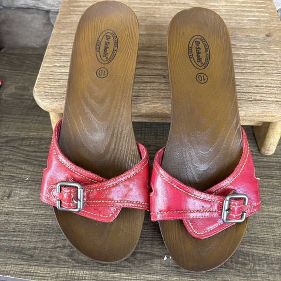Dr Scholls Advanced Comfort Slide Buckle Sandals Red Soft Faux Wood Shoe Mule 10 - Picture 11 of 12
